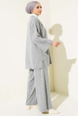 Taşlı Baklava Desen Triko İkili Takım Gri - Triko İkili Takım