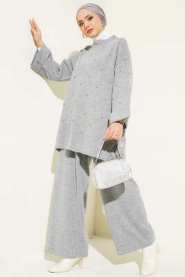 Taşlı Baklava Desen Triko İkili Takım Gri 