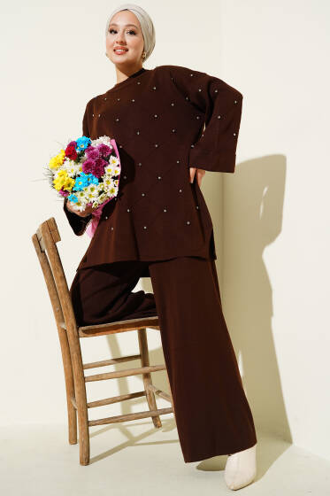 Taşlı Baklava Desen Triko İkili Takım Kahve - İkili Takım