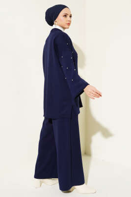 Taşlı Baklava Desen Triko İkili Takım Lacivert - Triko İkili Takım