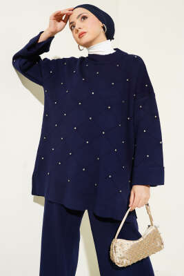 Taşlı Baklava Desen Triko İkili Takım Lacivert - Triko İkili Takım