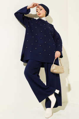 Taşlı Baklava Desen Triko İkili Takım Lacivert 