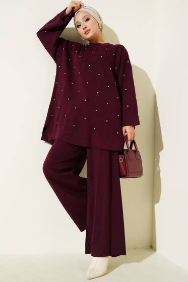 Taşlı Baklava Desen Triko İkili Takım Mürdüm - İkili Takım