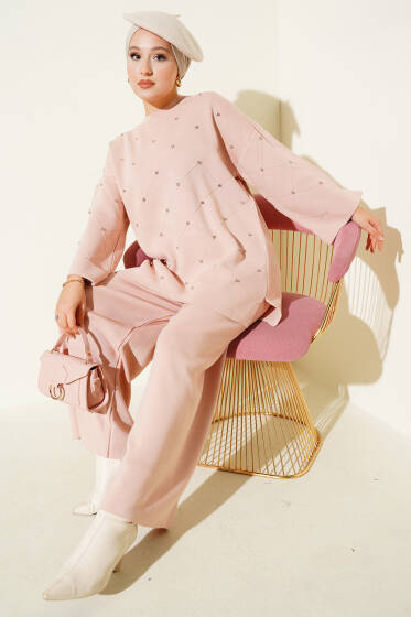 Taşlı Baklava Desen Triko İkili Takım Pudra - İkili Takım