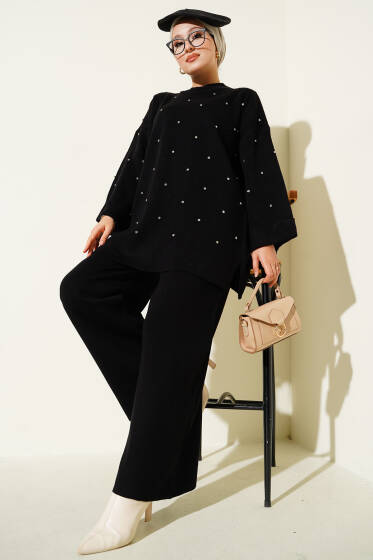 Taşlı Baklava Desen Triko İkili Takım Siyah - İkili Takım