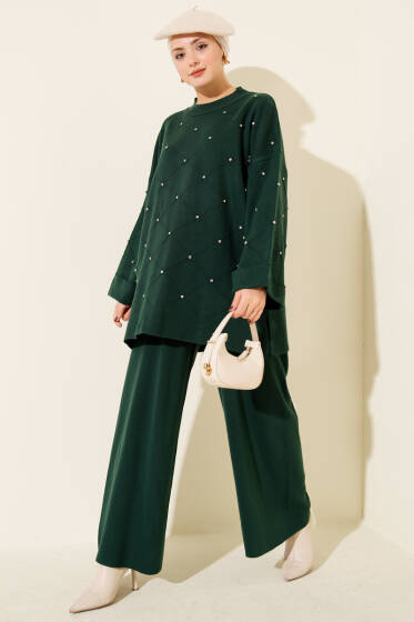 Taşlı Baklava Desen Triko İkili Takım Zümrüt - İkili Takım