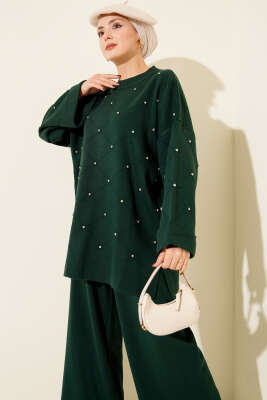 Taşlı Baklava Desen Triko İkili Takım Zümrüt - İkili Takım