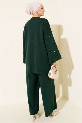Taşlı Baklava Desen Triko İkili Takım Zümrüt - İkili Takım