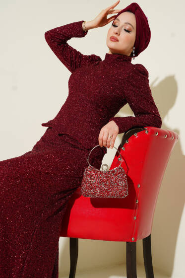 Taşlı Balık Model Abiye İkili Takım Bordo - İkili Takım