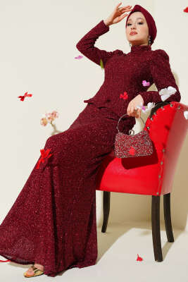 Taşlı Balık Model Abiye İkili Takım Bordo - İkili Takım