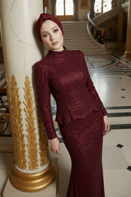 Taşlı Balık Model Abiye İkili Takım Bordo - İkili Takım