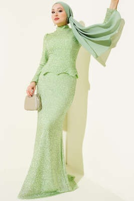 Taşlı Balık Model Abiye İkili Takım Fıstık Yeşili 