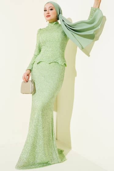 Taşlı Balık Model Abiye İkili Takım Fıstık Yeşili - İkili Takım