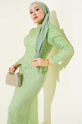 Taşlı Balık Model Abiye İkili Takım Fıstık Yeşili - İkili Takım