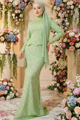 Taşlı Balık Model Abiye İkili Takım Fıstık Yeşili - İkili Takım