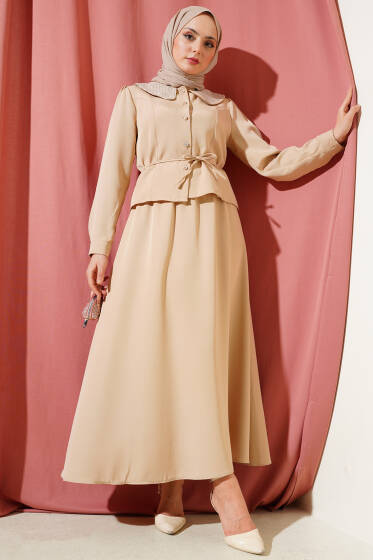 Taşlı Bebe Yaka Etekli İkili Takım Bej - İkili Takım