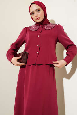 Taşlı Bebe Yaka Etekli İkili Takım Bordo - 500-700 TL Ürünler
