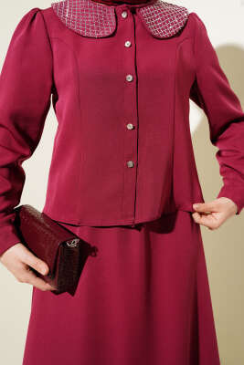 Taşlı Bebe Yaka Etekli İkili Takım Bordo - 500-700 TL Ürünler