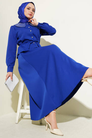 Taşlı Bebe Yaka Etekli İkili Takım Saks - İkili Takım