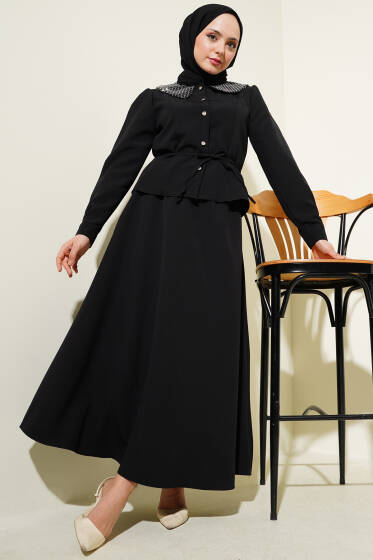 Taşlı Bebe Yaka Etekli İkili Takım Siyah - İkili Takım