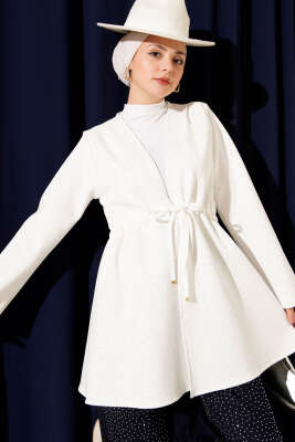 Taşlı Bel Tünelli Scuba Kimono Beyaz - TABLO FASHİON