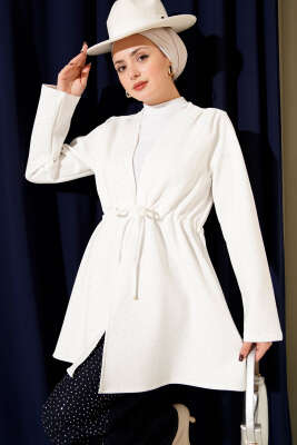 Taşlı Bel Tünelli Scuba Kimono Beyaz - Dış Giyim&Mont