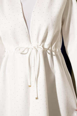 Taşlı Bel Tünelli Scuba Kimono Beyaz - Dış Giyim&Mont