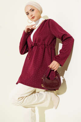 Taşlı Bel Tünelli Scuba Kimono Bordo 