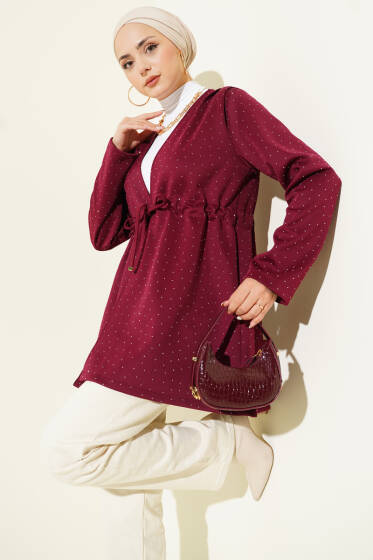 Taşlı Bel Tünelli Scuba Kimono Bordo - Dış Giyim&Mont