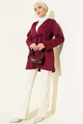 Taşlı Bel Tünelli Scuba Kimono Bordo - Dış Giyim&Mont