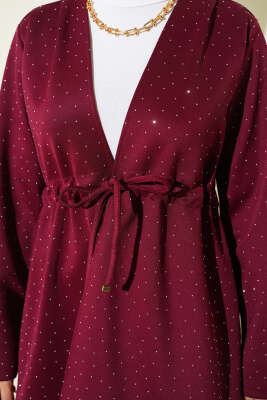 Taşlı Bel Tünelli Scuba Kimono Bordo - Dış Giyim&Mont