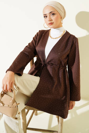 Taşlı Bel Tünelli Scuba Kimono Kahve - Dış Giyim&Mont