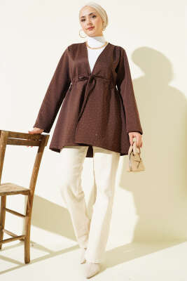 Taşlı Bel Tünelli Scuba Kimono Kahve - Dış Giyim&Mont