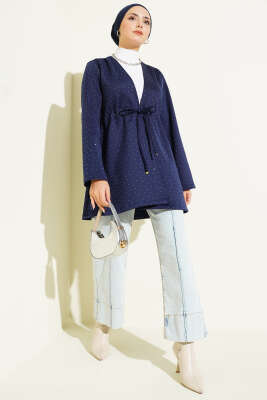 Taşlı Bel Tünelli Scuba Kimono Lacivert - Dış Giyim&Mont