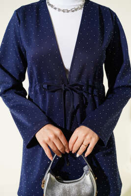 Taşlı Bel Tünelli Scuba Kimono Lacivert - Dış Giyim&Mont