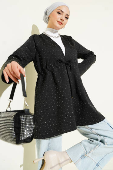 Taşlı Bel Tünelli Scuba Kimono Siyah - Dış Giyim&Mont