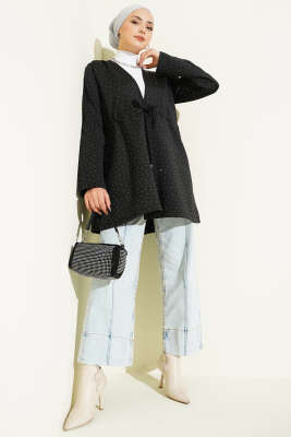 Taşlı Bel Tünelli Scuba Kimono Siyah - Dış Giyim&Mont