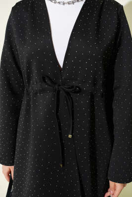 Taşlı Bel Tünelli Scuba Kimono Siyah - Dış Giyim&Mont