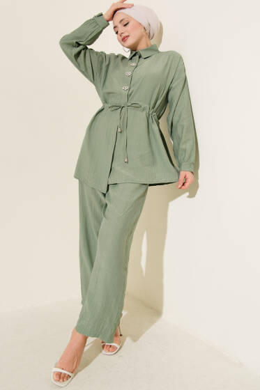 Taşlı Bel Tünelli Tunik İkili Takım Çağla Yeşili - İkili Takım