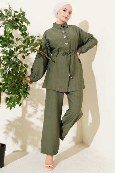 Taşlı Bel Tünelli Tunik İkili Takım Haki - İkili Takım