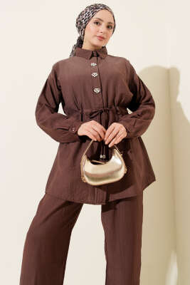 Taşlı Bel Tünelli Tunik İkili Takım Kahve - İkili Takım