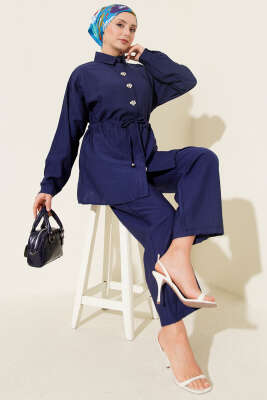 Taşlı Bel Tünelli Tunik İkili Takım Lacivert - NESSİA