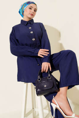 Taşlı Bel Tünelli Tunik İkili Takım Lacivert - İkili Takım