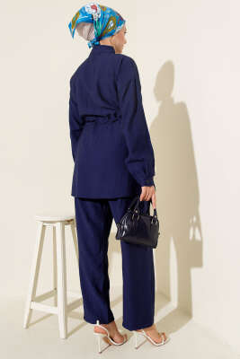 Taşlı Bel Tünelli Tunik İkili Takım Lacivert - İkili Takım