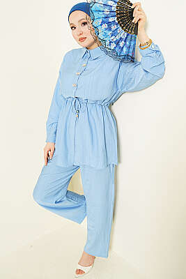 Taşlı Bel Tünelli Tunik İkili Takım Mavi 
