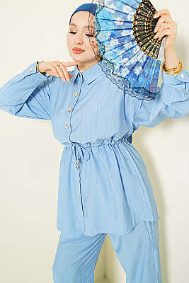 Taşlı Bel Tünelli Tunik İkili Takım Mavi - İkili Takım