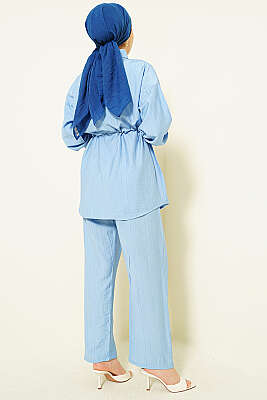 Taşlı Bel Tünelli Tunik İkili Takım Mavi - İkili Takım