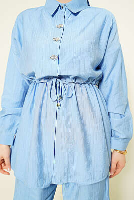 Taşlı Bel Tünelli Tunik İkili Takım Mavi - İkili Takım