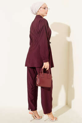 Taşlı Bel Tünelli Tunik İkili Takım Mürdüm - İkili Takım