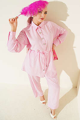 Taşlı Bel Tünelli Tunik İkili Takım Pembe 